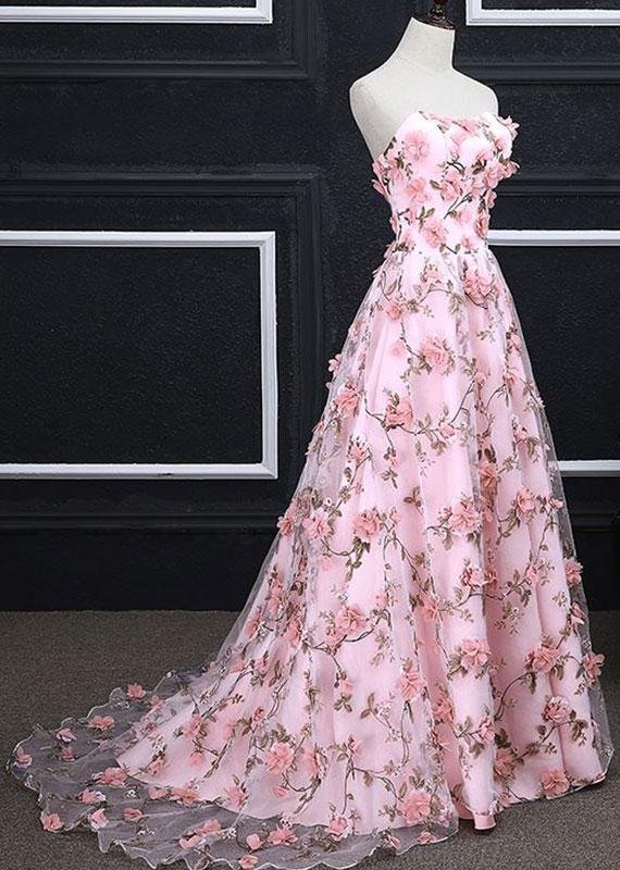 Vestidos de fiesta largos con estampado floral, corte en A, escote corazón, sin tirantes, cola larga y flores 