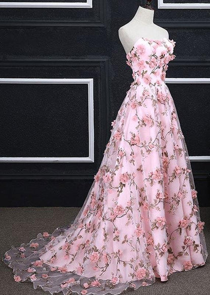 Vestidos de fiesta largos con estampado floral, corte en A, escote corazón, sin tirantes, cola larga y flores 