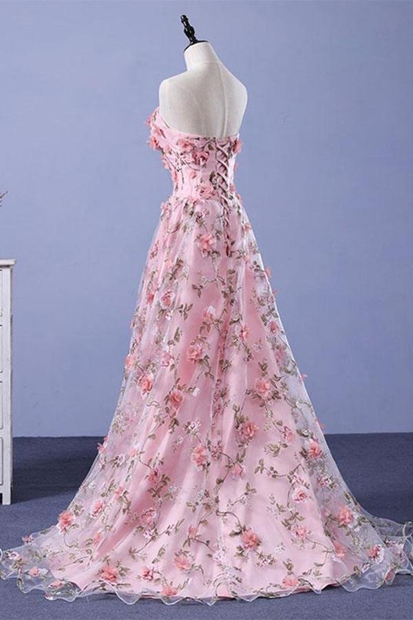 Vestidos de fiesta largos con estampado floral, corte en A, escote corazón, sin tirantes, cola larga y flores 
