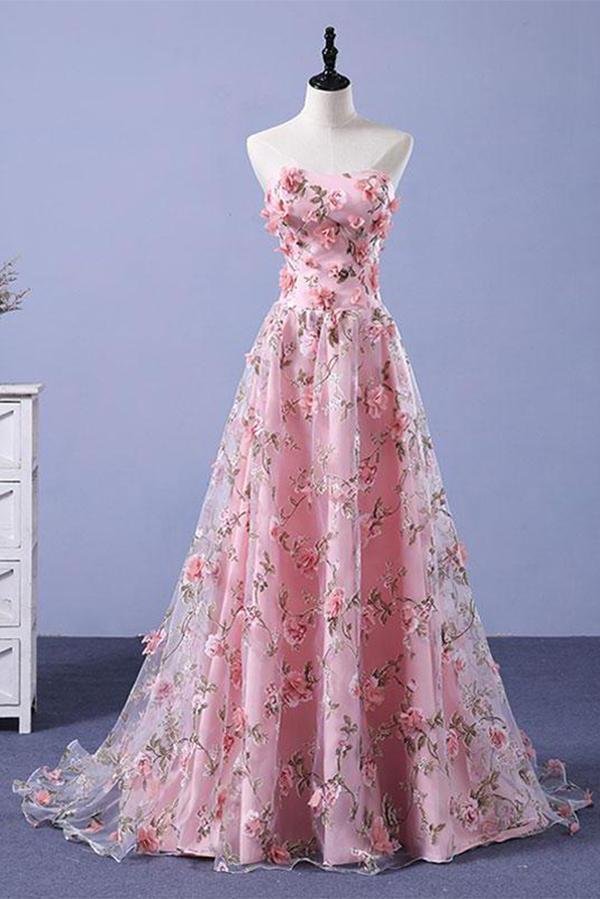 Vestidos de fiesta largos con estampado floral, corte en A, escote corazón, sin tirantes, cola larga y flores 
