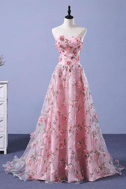 Vestidos de fiesta largos con estampado floral, corte en A, escote corazón, sin tirantes, cola larga y flores 