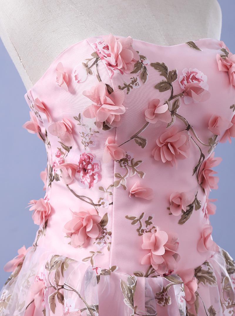 Vestidos de fiesta largos con estampado floral, corte en A, escote corazón, sin tirantes, cola larga y flores 