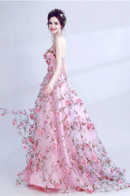 Vestidos de fiesta largos con estampado floral, corte en A, escote corazón, sin tirantes, cola larga y flores 