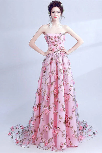 Vestidos de fiesta largos con estampado floral, corte en A, escote corazón, sin tirantes, cola larga y flores 