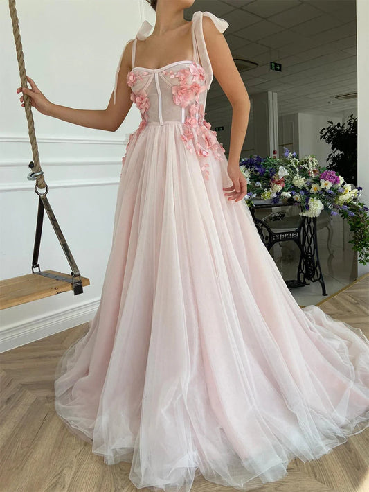 Vestido de fiesta largo con escote en forma de A, apliques de tul y espalda abierta con flores 