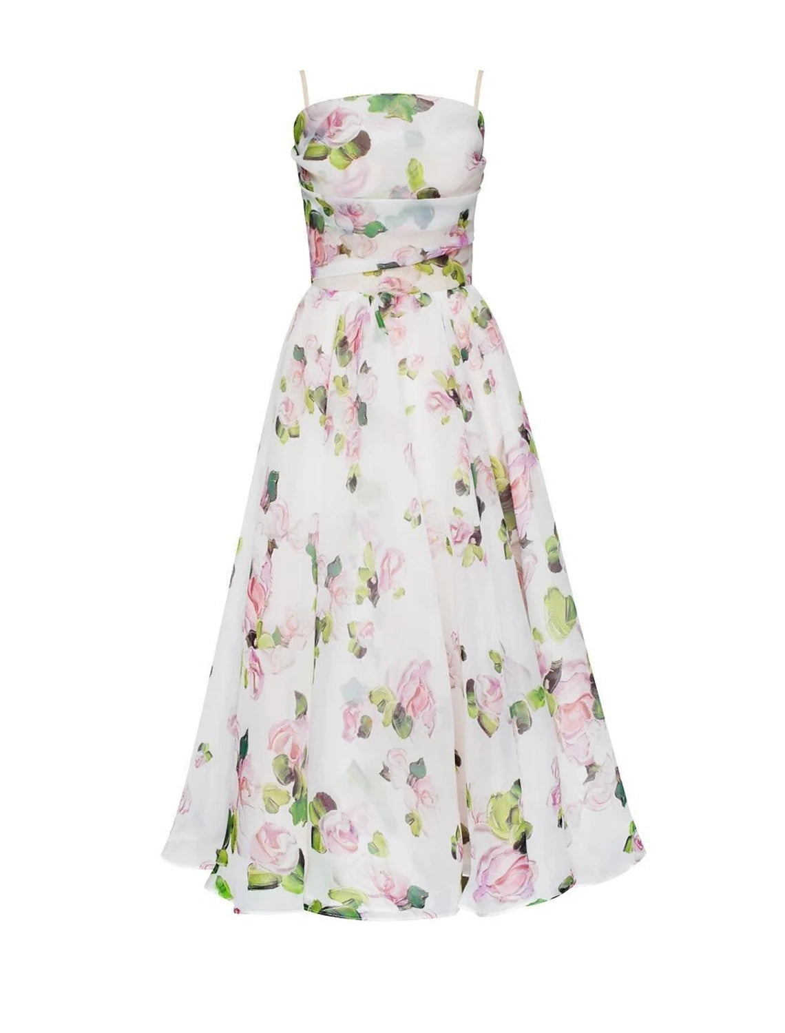 Model wearing an A-line tea length homecoming dress with a unique print.