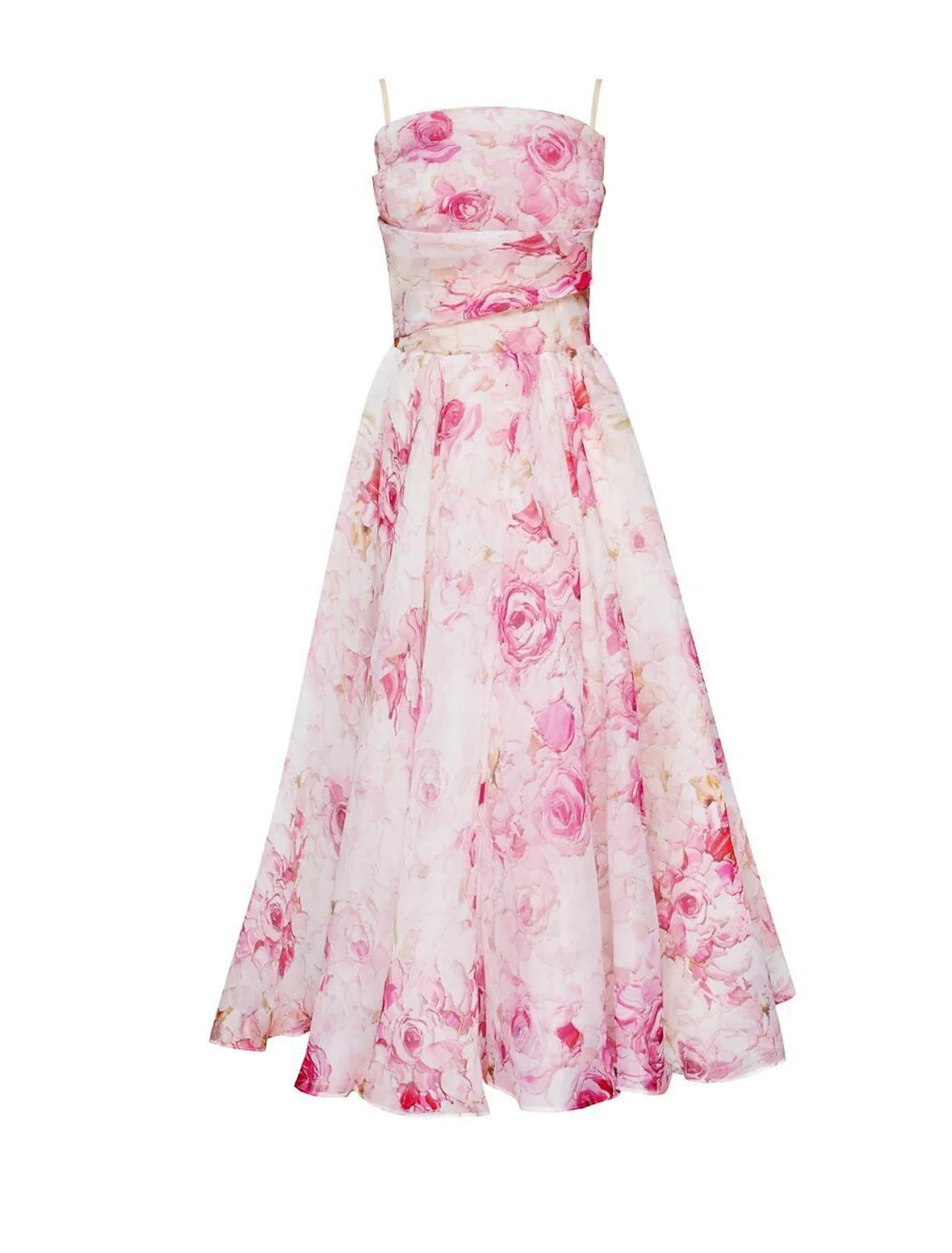 Close-up of the printed organza fabric on the A-line dress.
