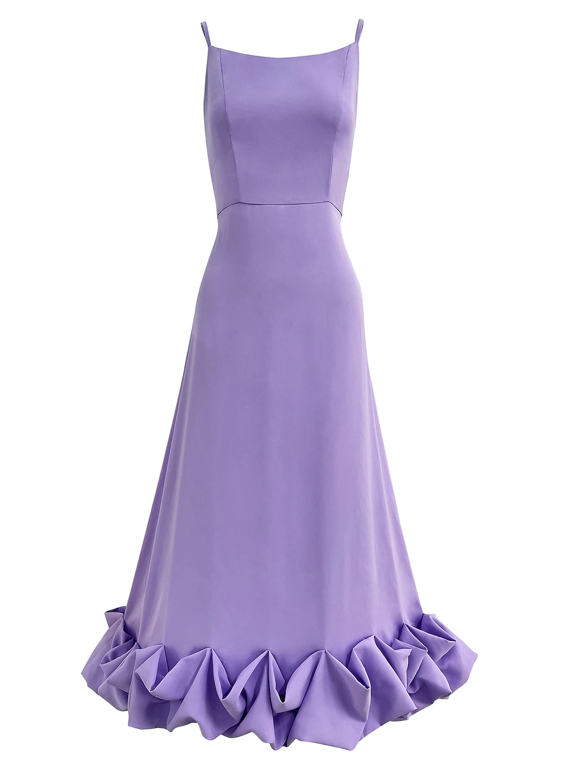 Full view of an A-Line tiered plisse party dress with spaghetti straps and fringe details.
