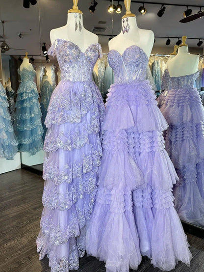 A Line Tiered Sweetheart Strapless Tulle Prom Dresses