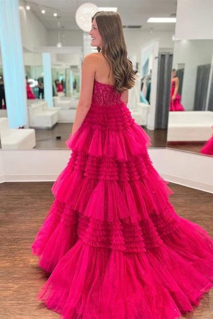 A Line Tiered Sweetheart Strapless Tulle Prom Dresses