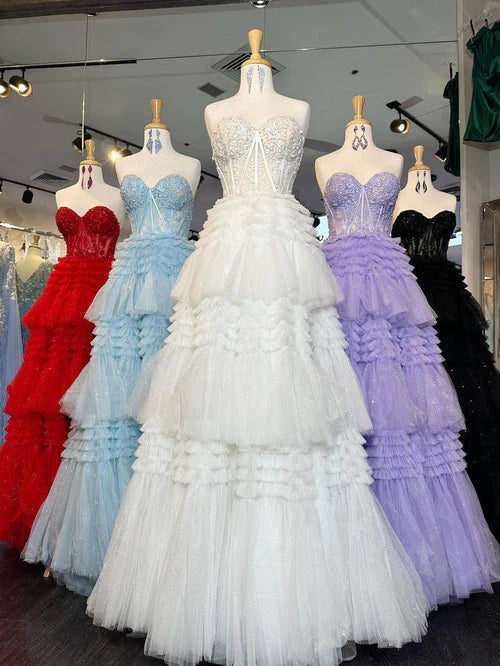 A Line Tiered Sweetheart Strapless Tulle Prom Dresses
