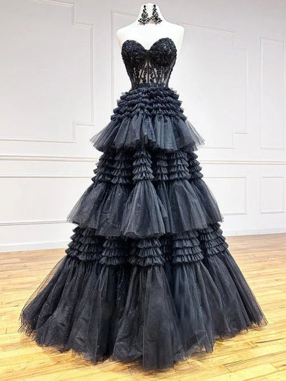A Line Tiered Sweetheart Strapless Tulle Prom Dresses