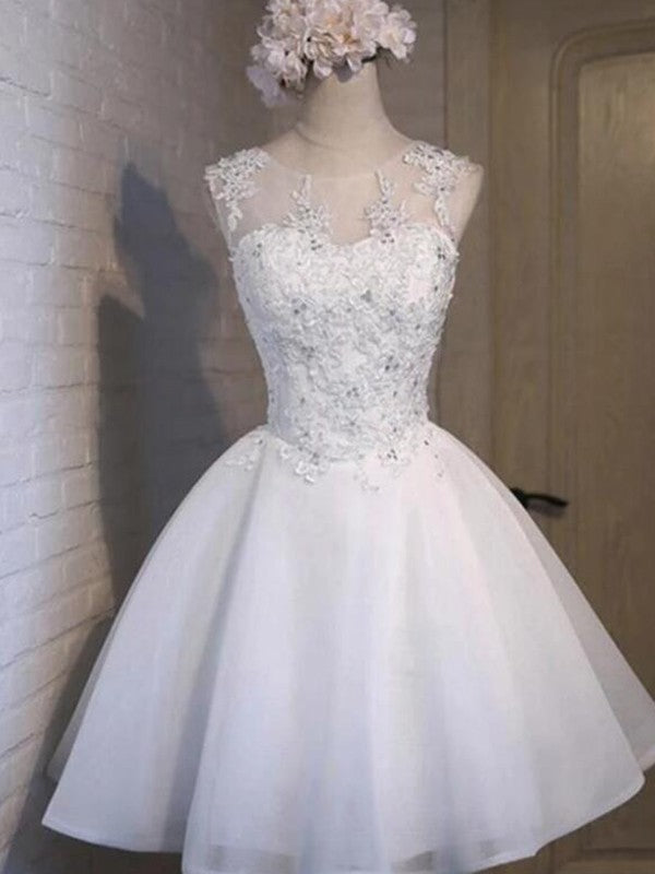 Front view of an A-Line Tulle Applique Short Homecoming Dress with sheer neck.