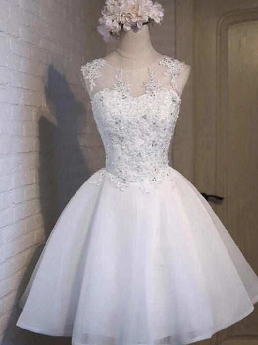 Front view of an A-Line Tulle Applique Short Homecoming Dress with sheer neck.