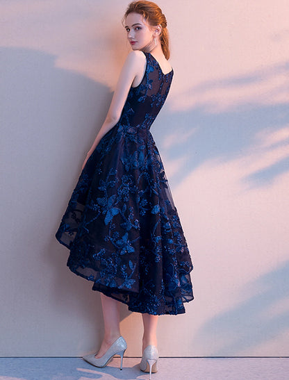 Side view of the A-Line sleeveless cocktail dress, highlighting the flowing asymmetrical skirt.