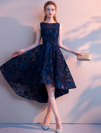 Back view of the A-Line tulle dress, showcasing the jewel neckline and delicate fabric.