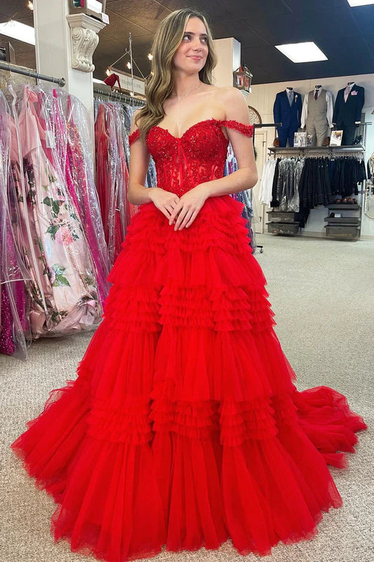 Vestido de fiesta largo con volantes, hombros descubiertos y tul en línea A 