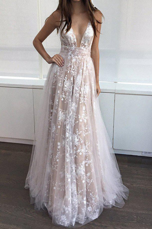 A Line V Neck Appliques Long Prom Dress V-neck Sexy Evening Dresses