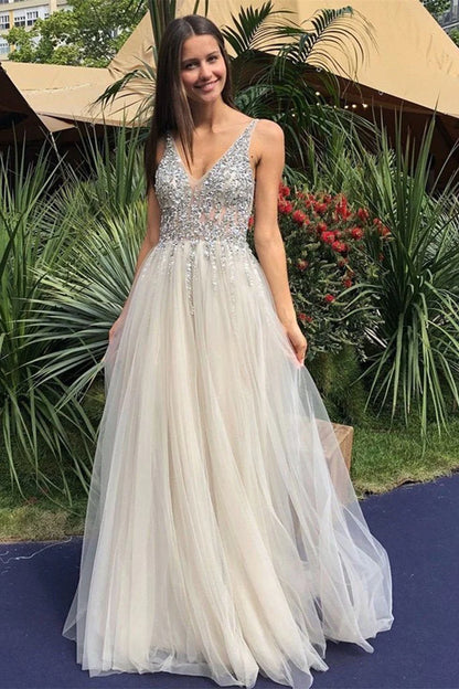 Vestidos de fiesta color marfil con cuentas, escote en V y espalda descubierta, con lentejuelas y espalda descubierta 