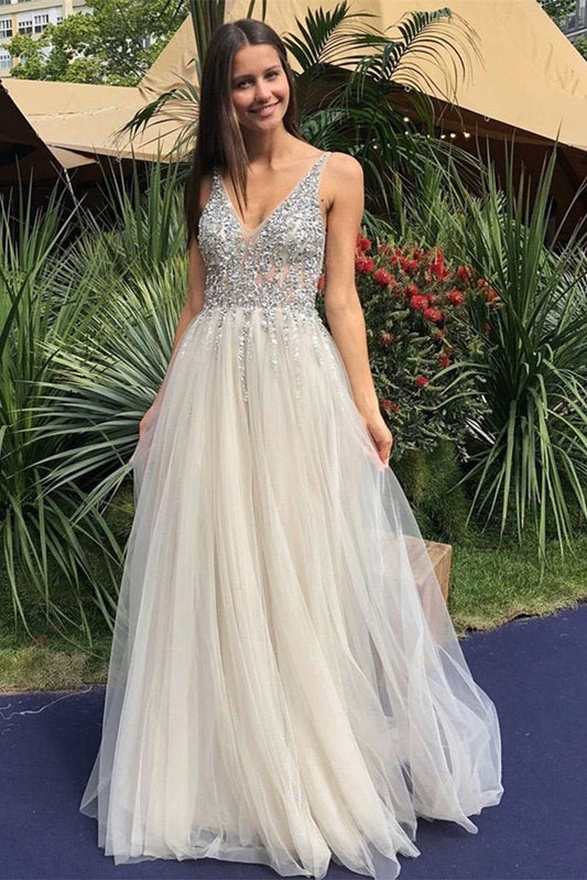 Vestidos de fiesta color marfil con cuentas, escote en V y espalda descubierta, con lentejuelas y espalda descubierta 