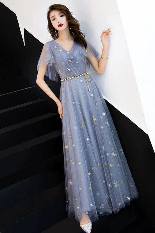 Vestidos de fiesta largos con escote en V y corte A, mangas cortas, vestidos formales largos, vestidos de baile 