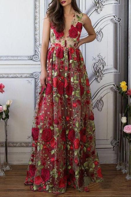 Vestido de fiesta bohemio con escote en V y estampado floral rojo, elegante y largo de noche.