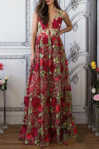 Vestido de fiesta bohemio con escote en V y estampado floral rojo, elegante y largo de noche.