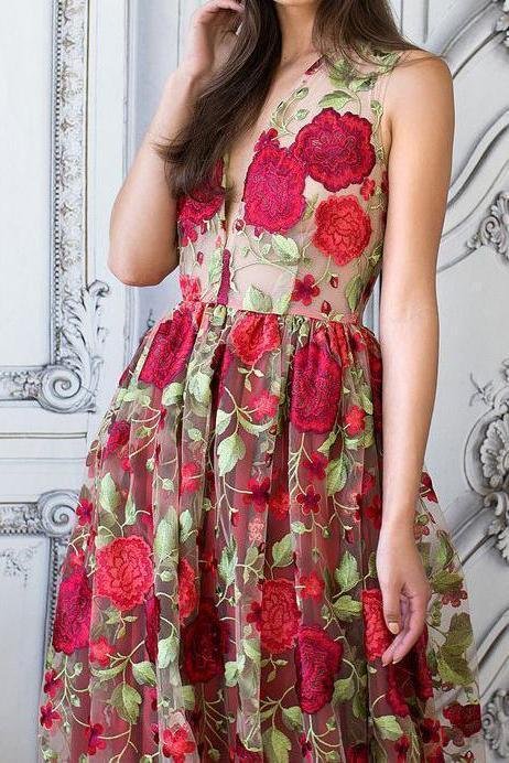 Vestido de fiesta bohemio con escote en V y estampado floral rojo, elegante y largo de noche.