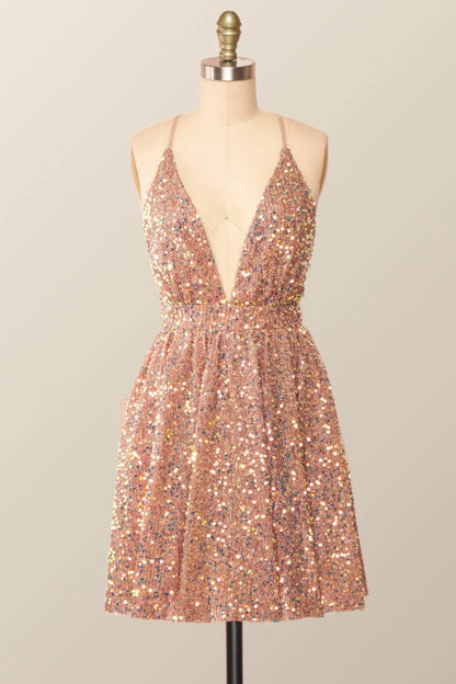 Vestido corto de fiesta con escote en V, tirantes finos, lentejuelas y aberturas cruzadas en negro 