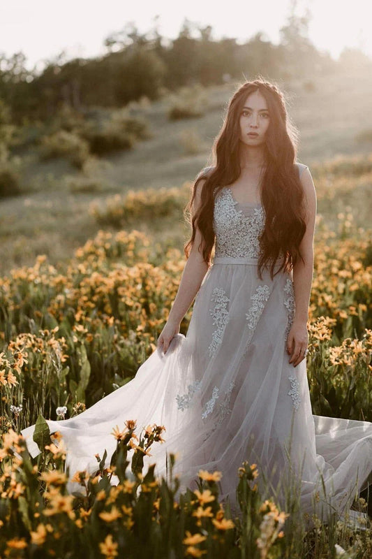 A-Line White Tulle with Lace Appliqued V-Neck Long Sleeveless Floor-Length Prom Dresses