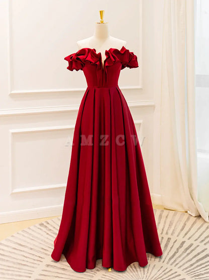 Amzcw A-Line Off Shoulder Satin Burgundy Long Prom Dress Burgundy Evening Dresses prom dress in store