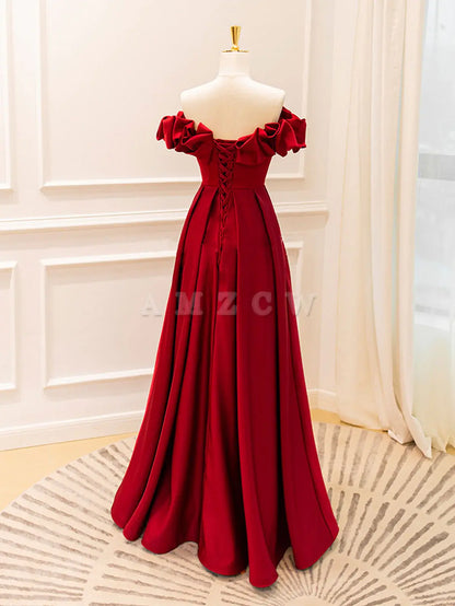 Amzcw A-Line Off Shoulder Satin Burgundy Long Prom Dress Burgundy Evening Dresses prom dress in store