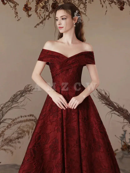 Amzcw A-Line Off Shoulder Satin Burgundy Long Prom Dress Burgundy Long Evening Dress prom dresses shops ﻿