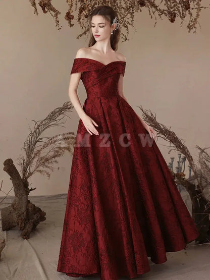 Amzcw A-Line Off Shoulder Satin Burgundy Long Prom Dress Burgundy Long Evening Dress prom dresses shops ﻿