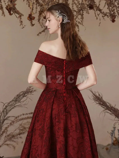 Amzcw A-Line Off Shoulder Satin Burgundy Long Prom Dress Burgundy Long Evening Dress prom dresses shops ﻿