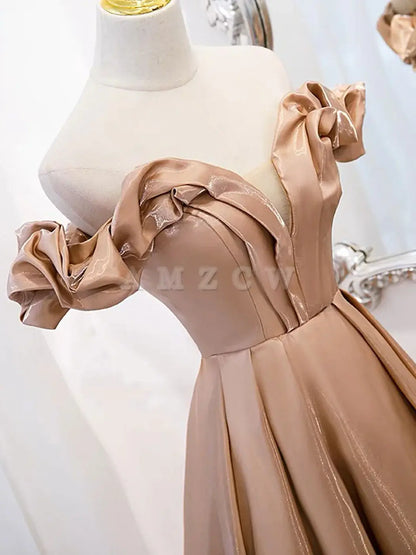 Amzcw A-Line Off Shoulder Satin Champagne Long Prom Dress Champagne Formal Dress prom dress in store