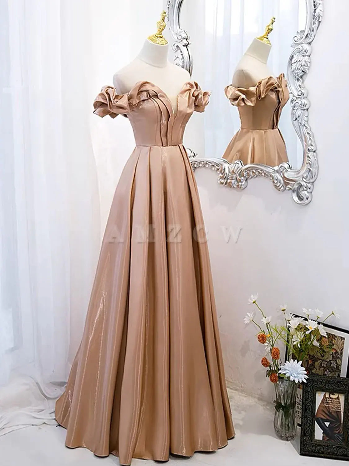Amzcw A-Line Off Shoulder Satin Champagne Long Prom Dress Champagne Formal Dress prom dress in store