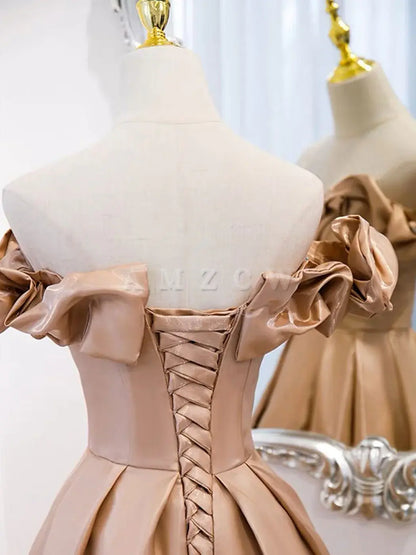 Amzcw A-Line Off Shoulder Satin Champagne Long Prom Dress Champagne Formal Dress prom dress in store