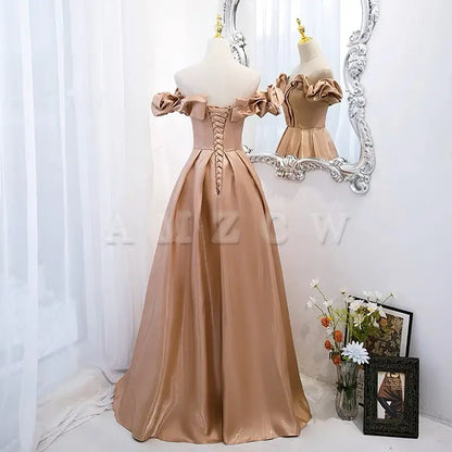 Amzcw A-Line Off Shoulder Satin Champagne Long Prom Dress Champagne Formal Dress prom dress in store
