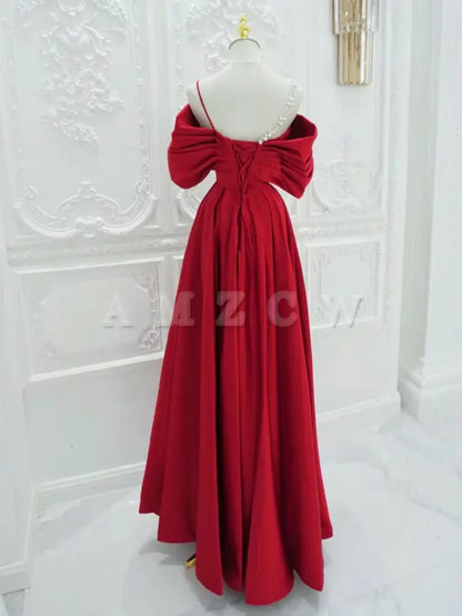 Amzcw A-Line Off Shoulder Satin Red Long Prom Dress Red Long Formal Dress prom dresses shops