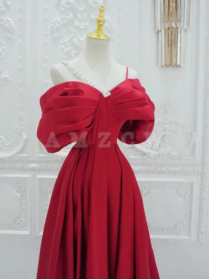 Amzcw A-Line Off Shoulder Satin Red Long Prom Dress Red Long Formal Dress prom dresses shops