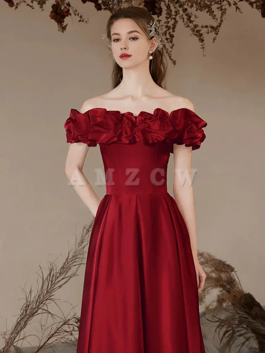 Amzcw A-Line Off Shoulder Satin Tea Length Burgundy Prom Dress Burgundy Formal Dress prom dresses shops