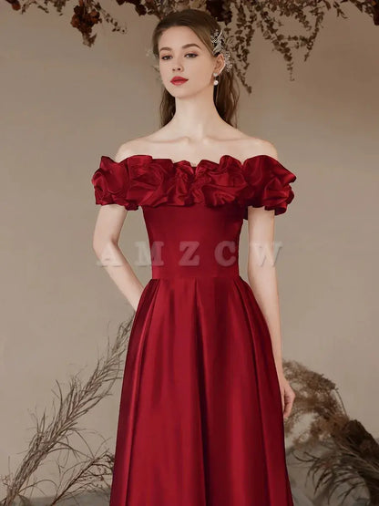 Amzcw A-Line Off Shoulder Satin Tea Length Burgundy Prom Dress Burgundy Formal Dress prom dresses shops