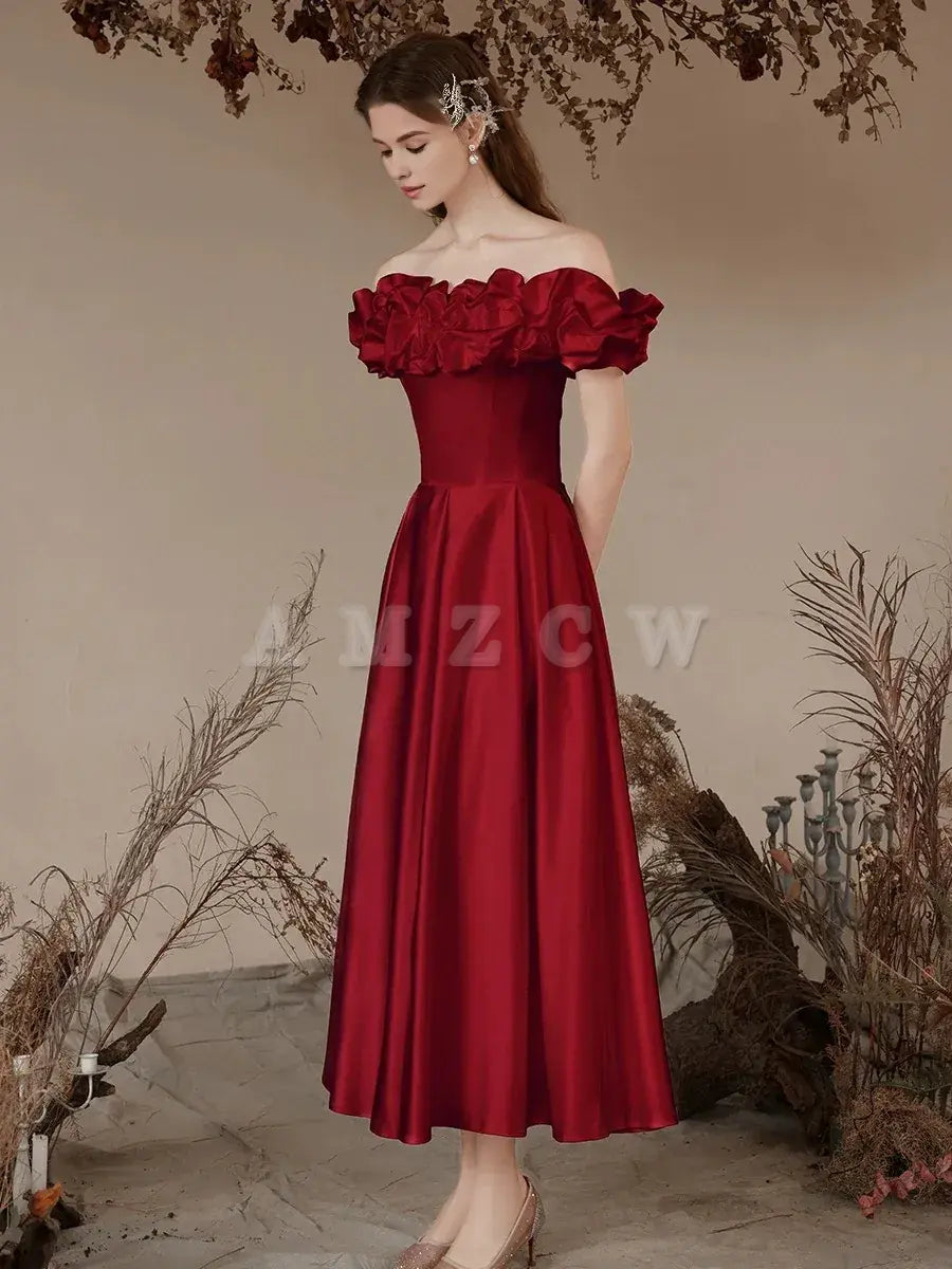 Amzcw A-Line Off Shoulder Satin Tea Length Burgundy Prom Dress Burgundy Formal Dress prom dresses shops