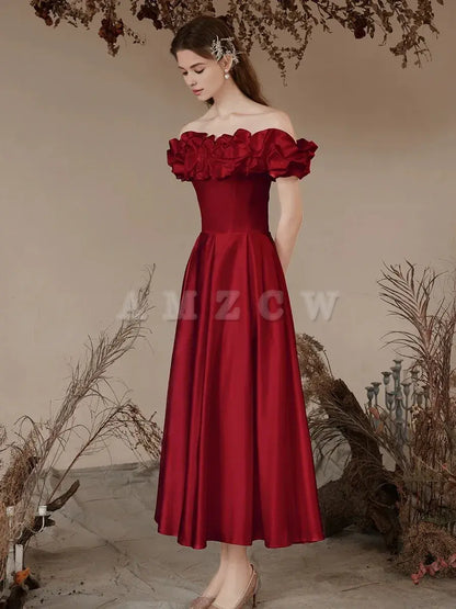 Amzcw A-Line Off Shoulder Satin Tea Length Burgundy Prom Dress Burgundy Formal Dress prom dresses shops
