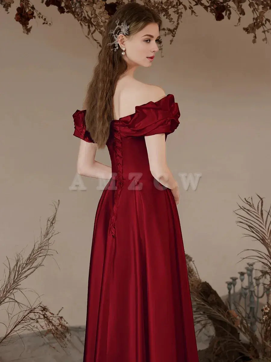 Amzcw A-Line Off Shoulder Satin Tea Length Burgundy Prom Dress Burgundy Formal Dress prom dresses shops