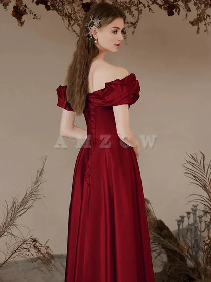 Amzcw A-Line Off Shoulder Satin Tea Length Burgundy Prom Dress Burgundy Formal Dress prom dresses shops