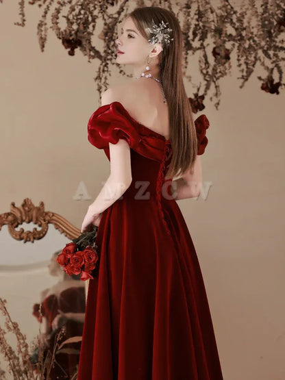 Amzcw A-Line Off Shoulder Velvet Burgundy Long Prom Dress Tea Burgundy Evening Dress prom dress in store