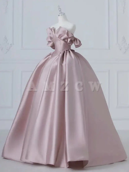 Amzcw A-Line Pink Satin Long Prom Dress Pink Long Evening Dress prom dresses shops