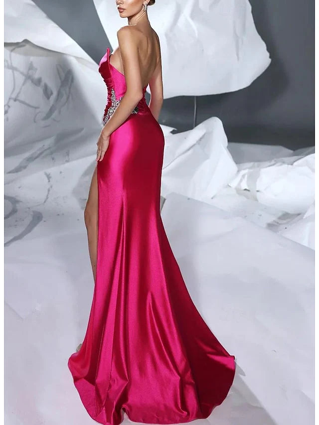 Sheath/Column V-Neck Sleeveless Floor-Length Long Prom Floral Dresses With Split Side Ruffles Sash Sequins